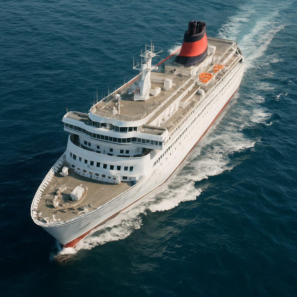 a large passenger ship on water realistic image shot from above