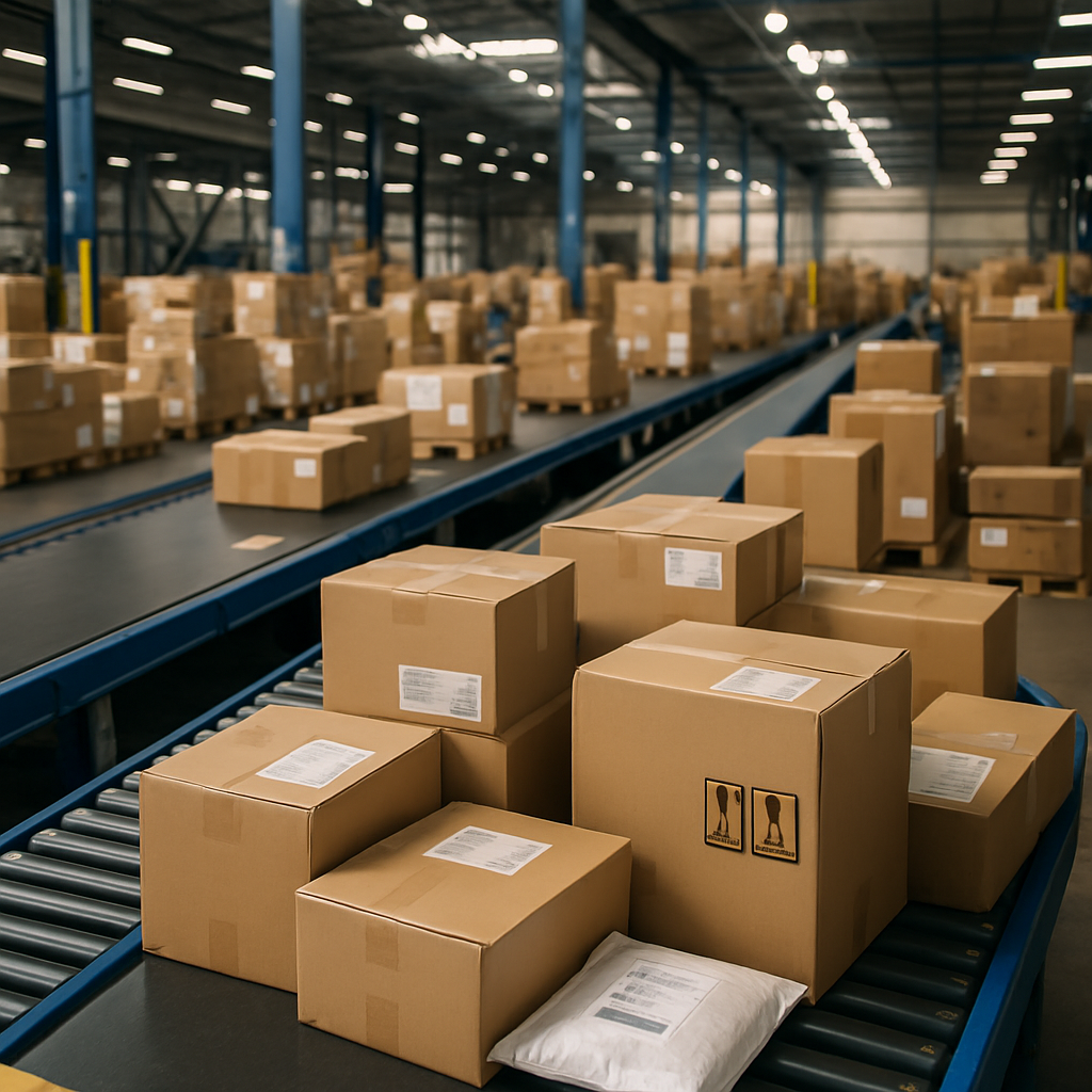 realistic image of a logistical warehouse where shipments are being handled focus on the parcels and boxes no people-1